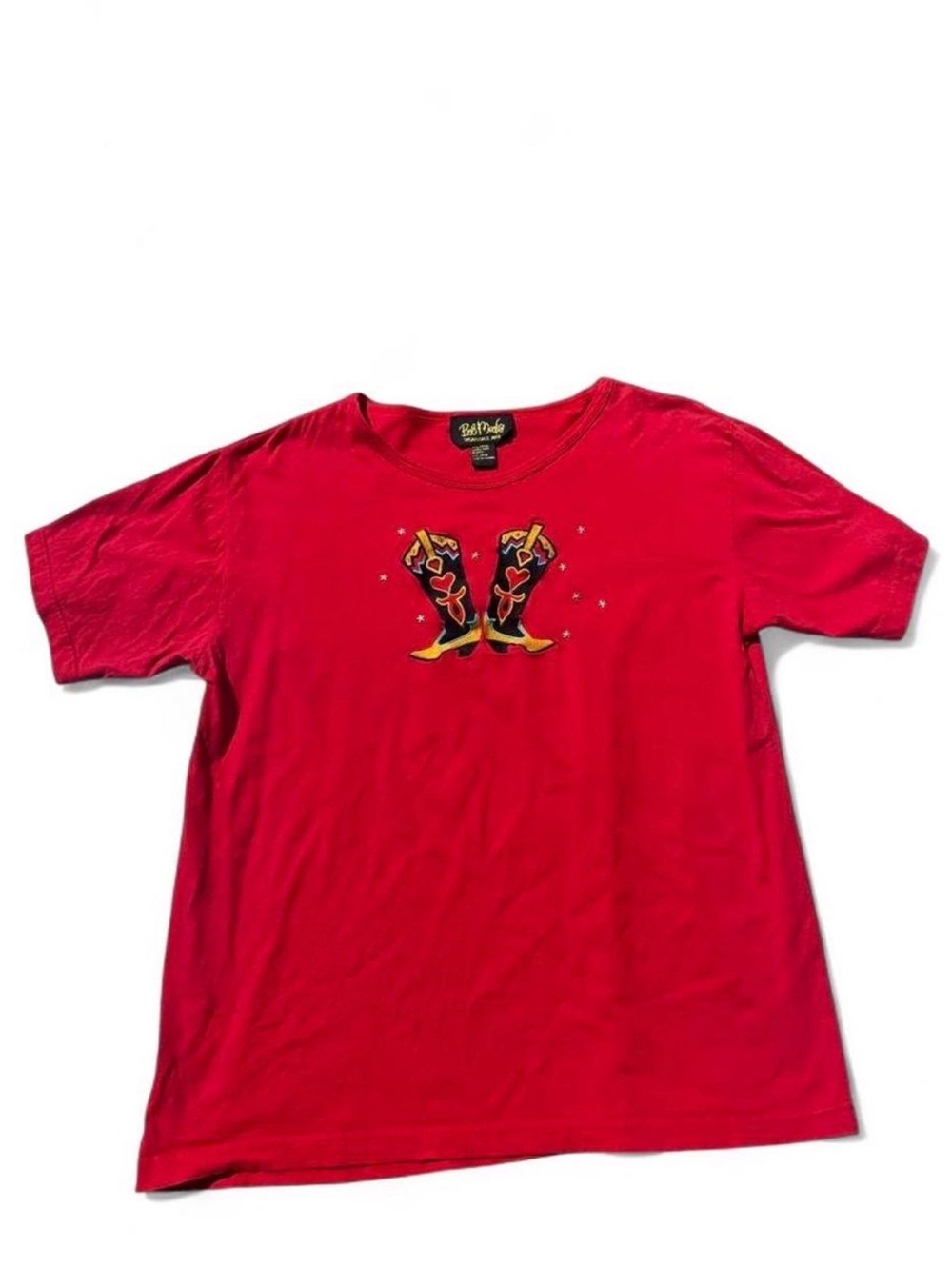Vintage Bob Mackie Red Western Short-Sleeve Tee with Embroidered Cowboy Boots